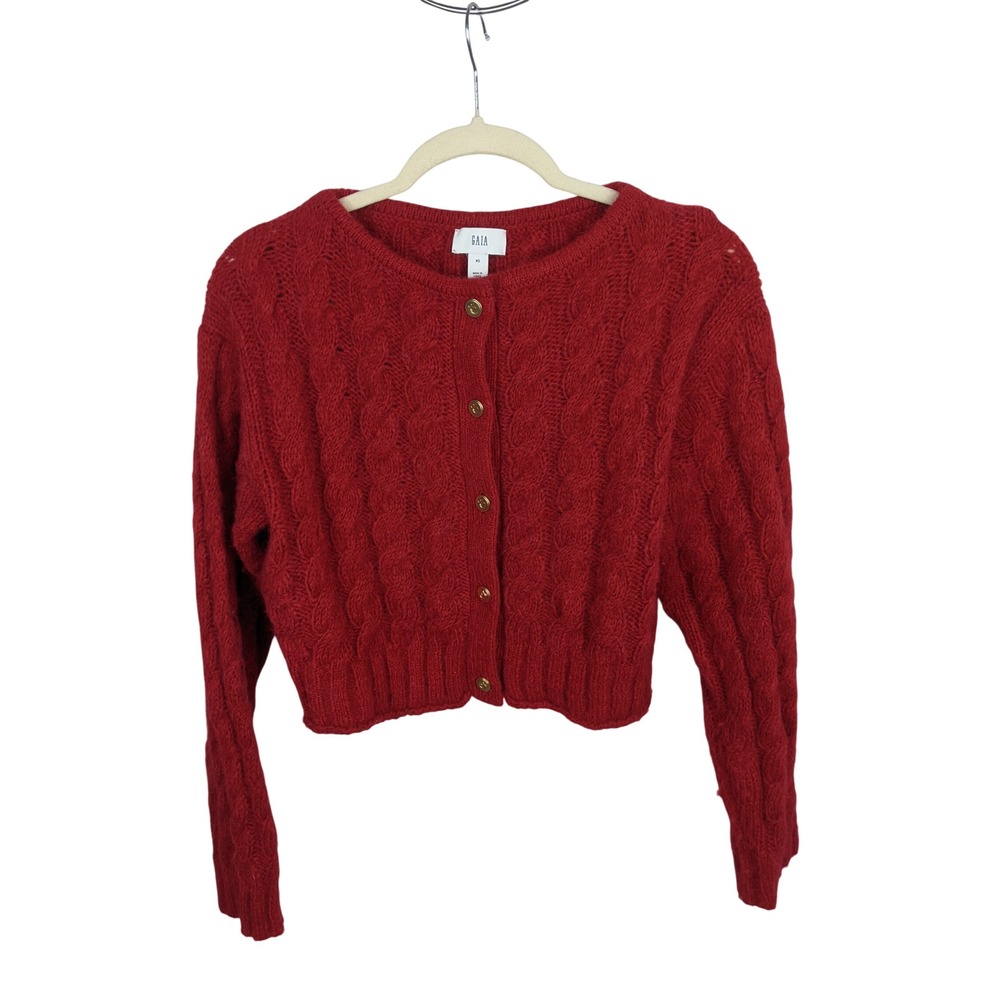 Gaia Gap Womens Red Cable Knit Cropped Cardigan Sweater Gold Buttons XS